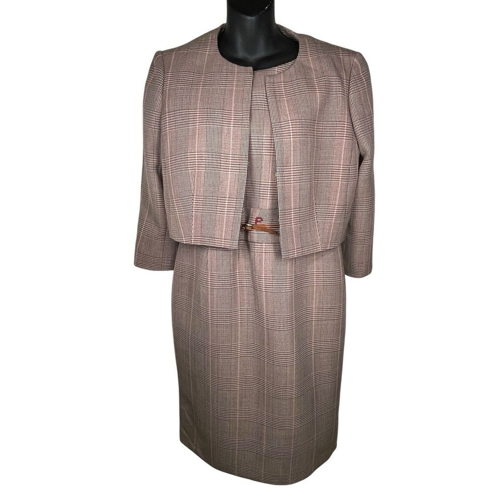 Paule Ka Pink Brown Multi Plaid Two Piece Set Jacket and‎ Sheath Dress Size 42